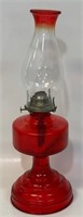NICE VINTAGE RED PRESSED GLASS OIL LAMP W CHIMNEY