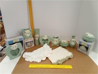 Jade Porcelain Vanity Items & Crocheted Doilies