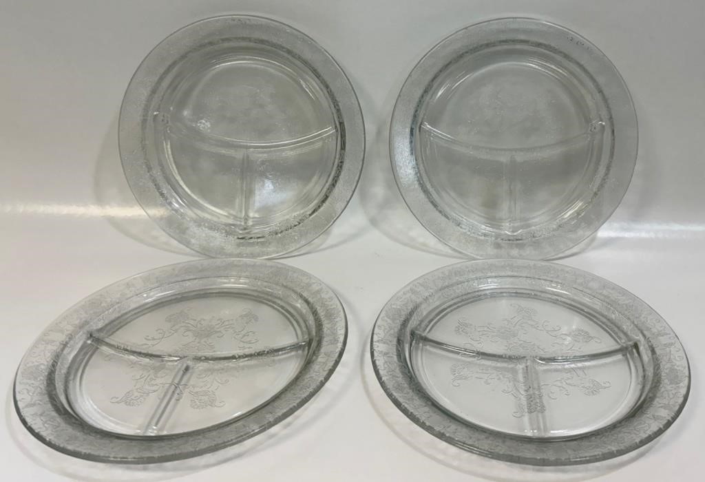 FOUR DEPRESSION GLASS THISTLE DIVIDED DINER PLATES