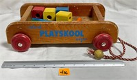 Vtg Wooden Playskool Wagon w/ Wood Blocks