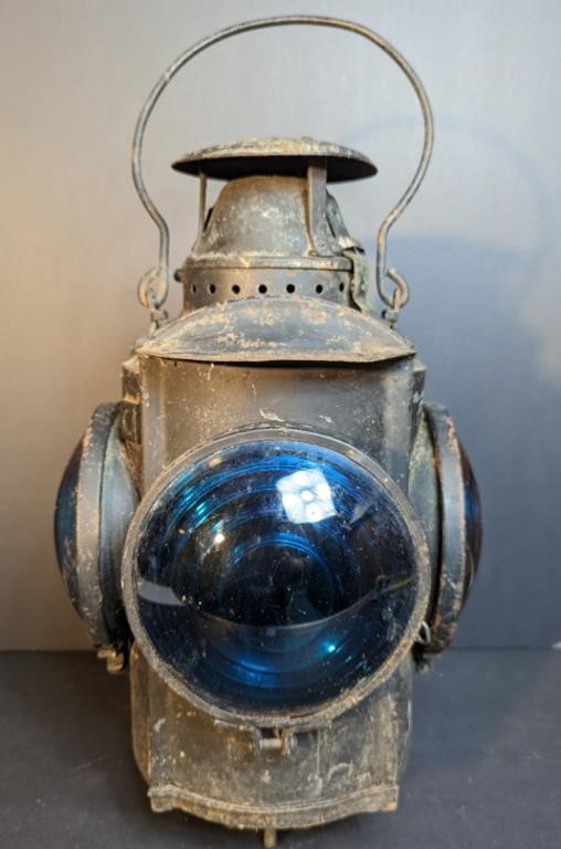 Vtg Adlake 15" Railway Blue Caboose Lantern