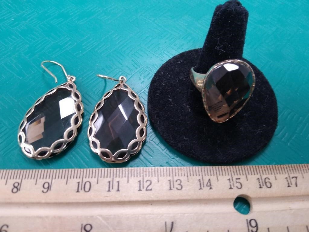 Sterling Silver & Smokey Stone Earrings & Ring