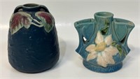 TWO NICE VINTAGE HAND PAINTED POTTERY BUD VASES