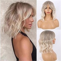 Short Ombre Ash Blonde Wavy Bob Wig with Curtain B