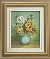 MURIEL J. RAYMOND SIGNED FLORAL OIL ON BOARD