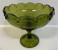 SWEET VNTG OLIVE GREEN PRESSED GLASS FOOTED BOWL