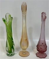 GREAT TRIO OF VINTAGE COLORED GLASS BUD VASES