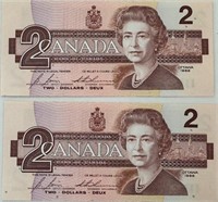 2 CONSECUTIVE 1986 CANADIAN TWO DOLLAR BILLS