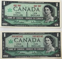 2 1967 CANADIAN CENTENNIAL ONE DOLLAR BANK NOTES