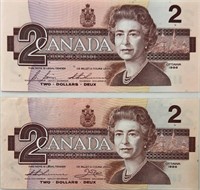 2 1986 CANADIAN TWO DOLLAR BANK NOTES