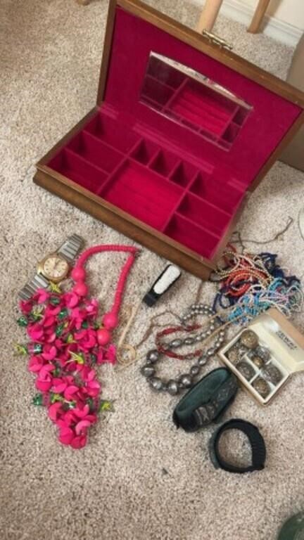 Jewelry box red velvet lined, timex watch, button