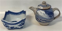 NICE SIGNED POTTERY TEAPOT & ORIENTAL BLUE WILLOW