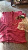 Large crochet pink blanket, vintage signed apron,