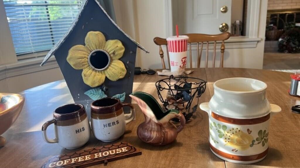 Birdhouse, crock, pottery, coffee cups, coffee