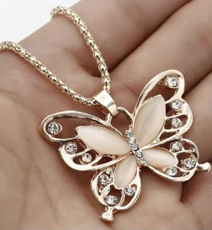 Rose Golden Color Opal Butterfly Pendant Necklace