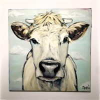 Signed Portrait Painting of Cow by Tori