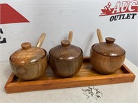Vintage Wood Serving Dish 3 Piece Bowl Lid Ladle