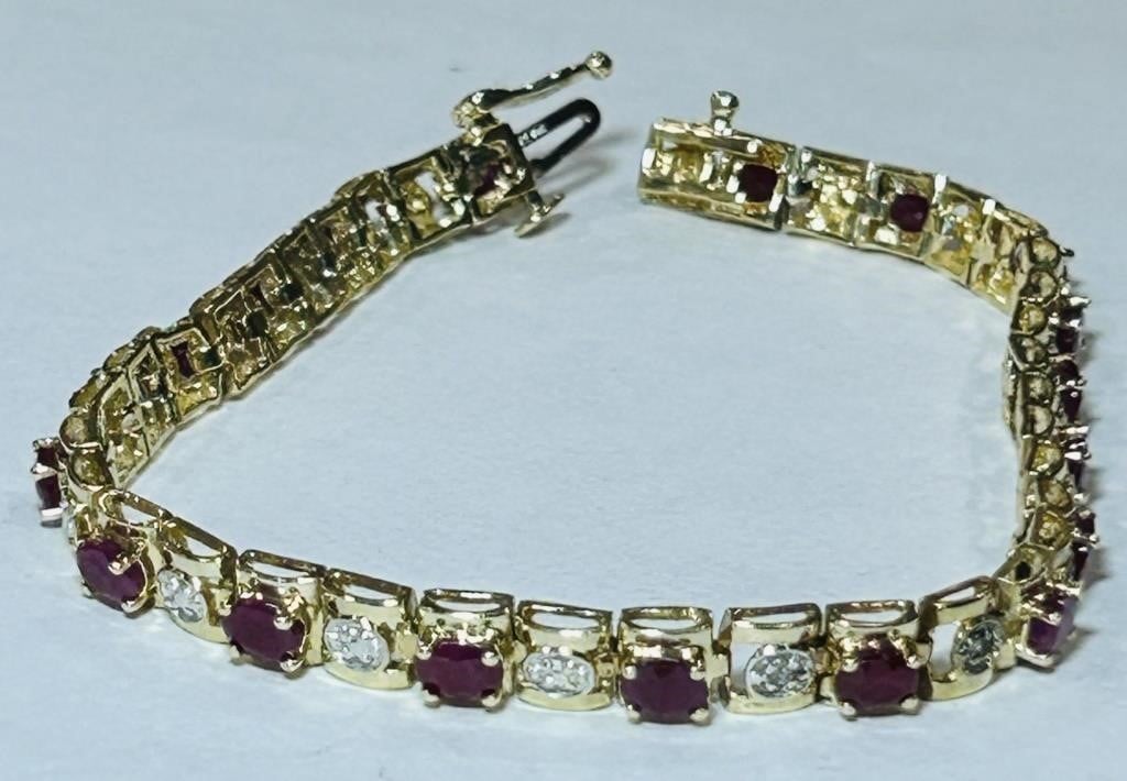 10KT YELLOW GOLD RUBY WITH DIAMOND ACCENT BRACELET