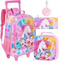 4PCS Kids Unicorn Rolling Backpack Set - Pink