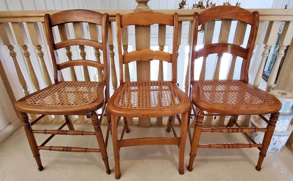 3 ANTIQUE CANE BOTTOM MAPLE CHAIRS -NO SHIPPING #2