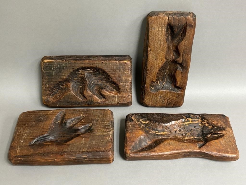 Four Wooden Hand Carved Maple Sugar Molds