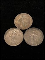 Three Antique French Silver 50 Centimes Coins -