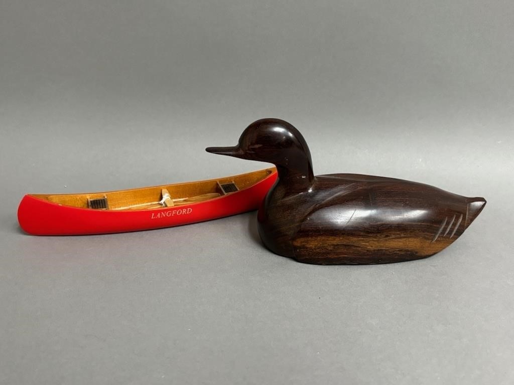 Miniature Langford Canoe, Carved Wooden Duck