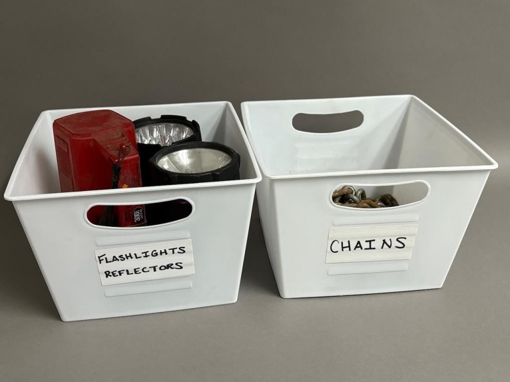 Two Bins w/ Contents, Flashlights, Chain