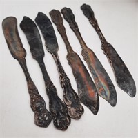 6 Antique Very Tarnished Butter Knives