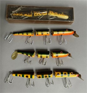 Four Vintage Old Wooden Bait Co. Jointed Lures