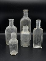 Antique Lot of 5 Medicine Clear Glass Bottles