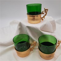 3 Vintage 2 1/2" Emerald Glasses in Gold Holder