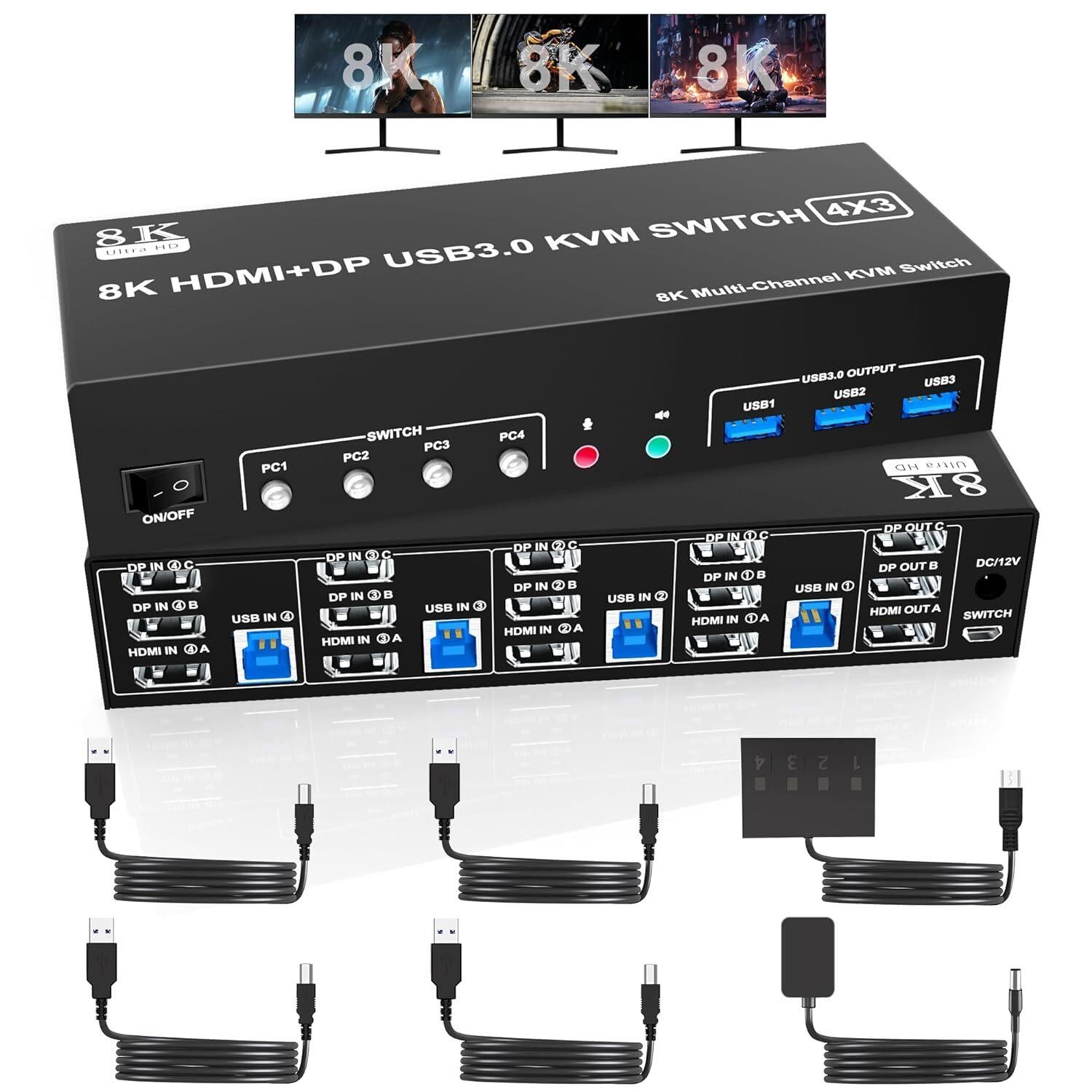 8K 2DP+HDMI USB3.0 KVM Switch  3M 4PC