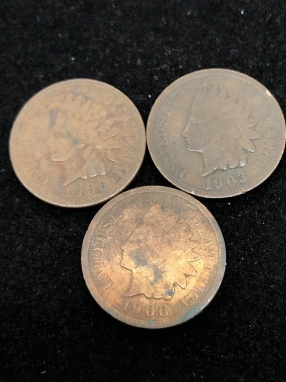 Three Antique 1C Indian Head Penny Coins - 1903,