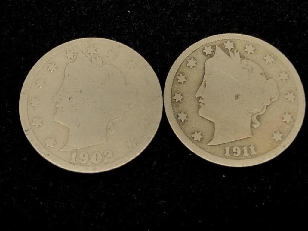 Pair of Antique 5C Liberty V Nickel Coins- 1902,