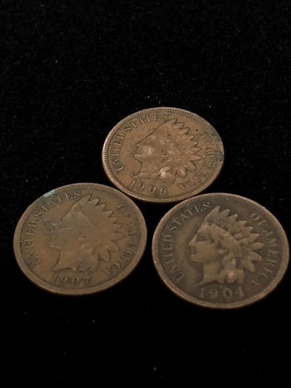 Three Antique 1C Indian Head Penny Coins-