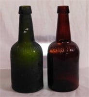 2 Johann Hoff blob top bottles: brown - green