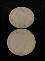 Pair of Antique 5C Liberty V Nickel Coins - 1910,