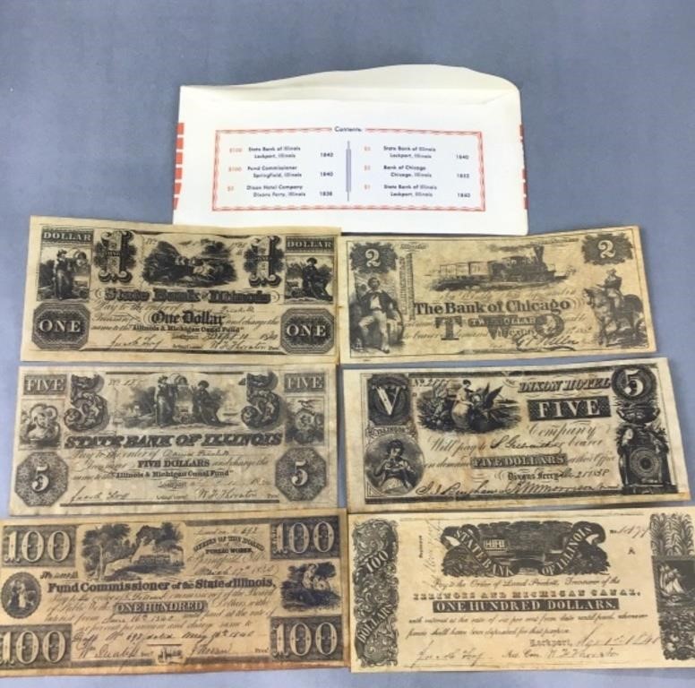 Tea dyed Illinois currency replications 1838 to