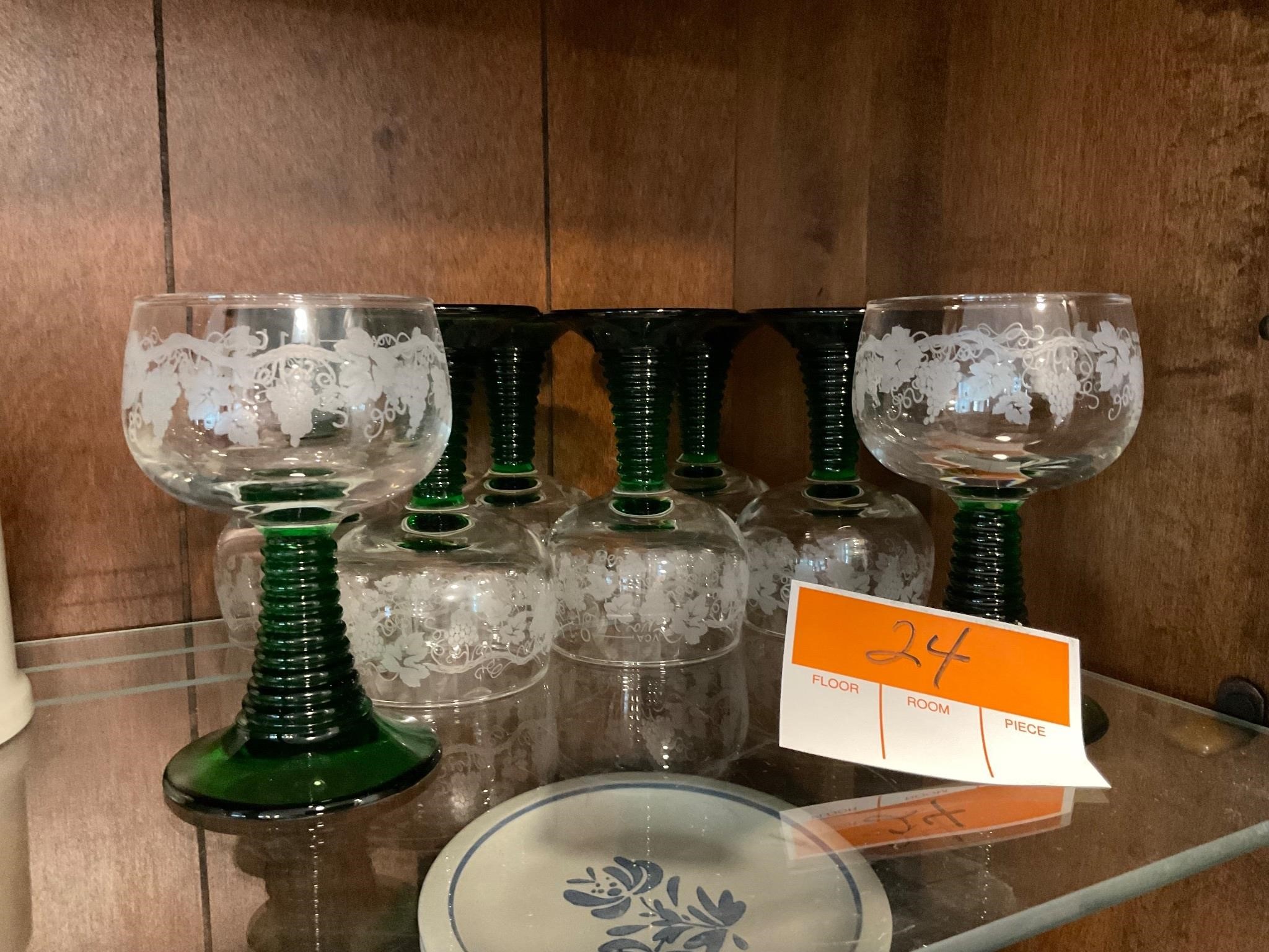 Vintage Green Stem Etched Cordial Glasses