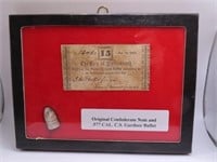 Original framed Confederate Bullet & 1862 Note 15c