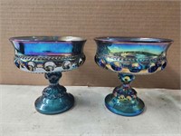 Vintage Blue Carnival Glass Compote Dishes