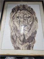 Lion Print? In heavy glass frame water damage on
