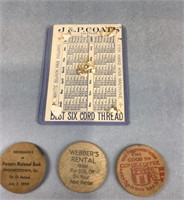 3 vintage wooden nickels & JP Coats thread