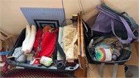 Two box slots of sewing items, material, yarn,