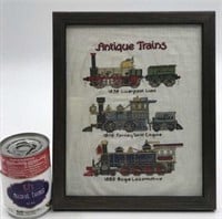 3 Railroad Trains Vintage Framed Cross Stitch