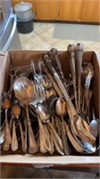 Large box lot of silver plate, flatware, antique