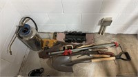 Corner lot of miscellaneous tools, includes a