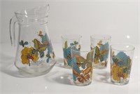 SET OF PITCHER & 4 GLASSES W/ BUTTERFLIES & BEES