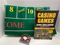 Large Craps Green Felt Layout, Book and Dice